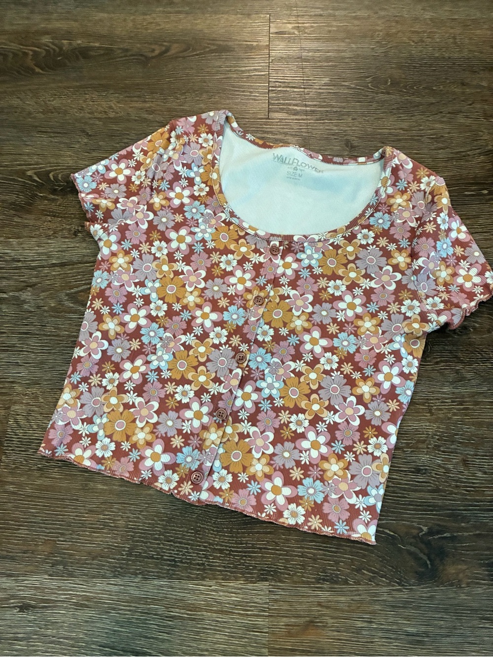 Wallflower Floral-Trim Ribbed Tank in White with Rust and Mustard Accents